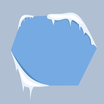 A flat style illustration of a light blue hexagon frame with snow and icicles on top and bottom edges. Perfect for winter, ice, and seasonal design themes. vector