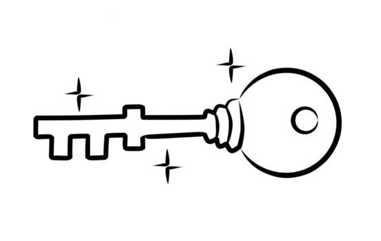 An illustration of an old fashioned key with a simple line drawing style with minimal shading, including shining sparkle elements. vector