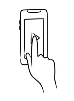 A minimalist illustration of a hand with a finger touching a play button on a mobile phone screen, in drawing line art with minimal shading on a white background. vector