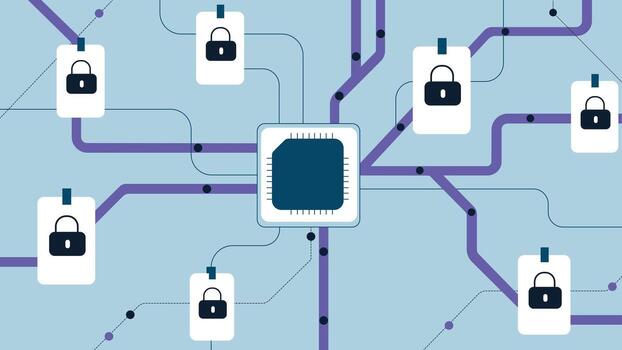 Cybersecurity Network Protection with Data Encryption Locks and Central Microchip vector