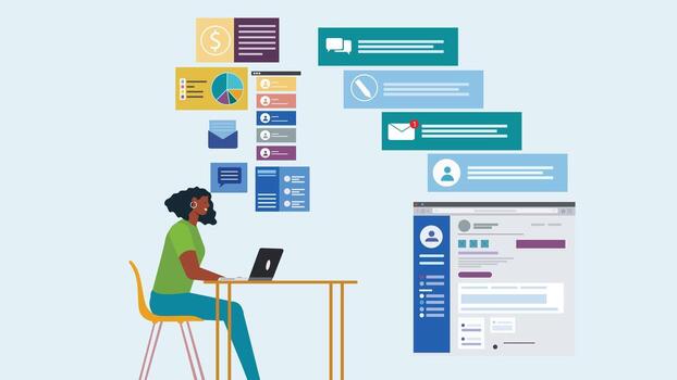 Woman Working on Laptop with Digital Data Analytics Dashboard vector