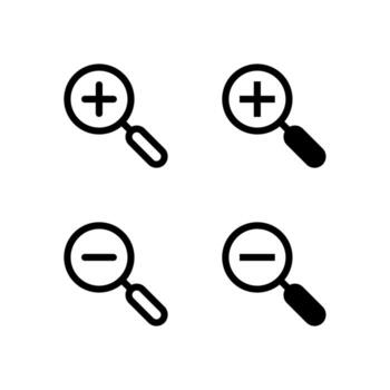 Zoom In and Zoom Out Line and Solid Icons for Control and Tools vector