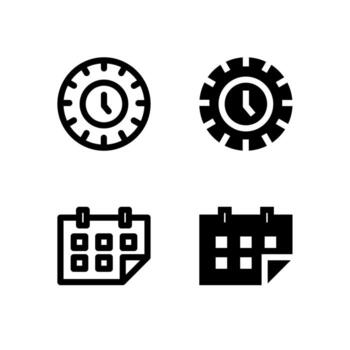 Smart Clock and Calendar Icon Set in Solid and Outline Styles for UI vector