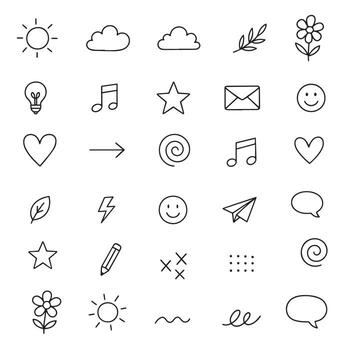 illustration featuring a minimalist icon set representing various concepts like sun, clouds, music, and communication. Ideal for web design, apps, and presentations. vector
