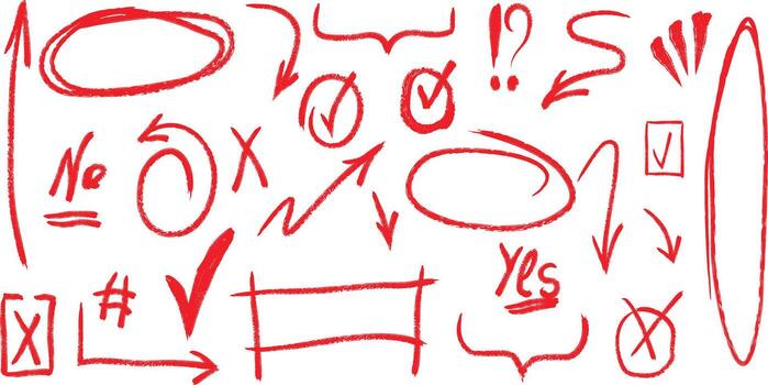 Hand drawn red scribble symbols arrows checkmarks circles rectangles and text elements for design vector