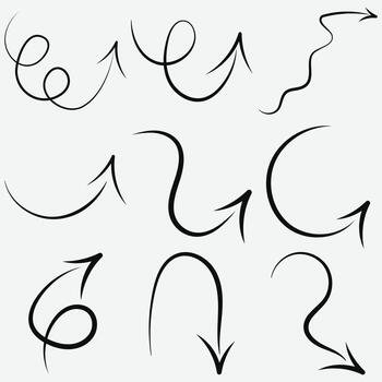 Collection of hand drawn black curved arrows with loops and swirls, ideal for highlighting, direction, and creative design elements vector