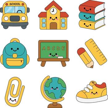Cartoon back to school objects like books, bus, backpack, globe, and chalkboard with happy smiling faces vector