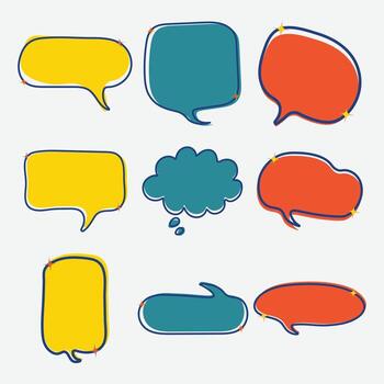 Collection of colorful speech and thought bubbles in comic style, perfect for chat design, communication graphics, or creative text elements. vector