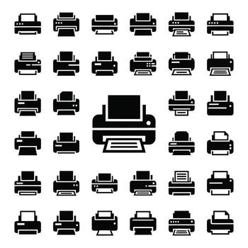 Set of printer icons representing different models and printing options vector