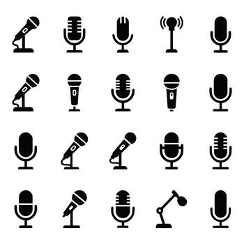 Collection of microphone icons in various styles on white background vector
