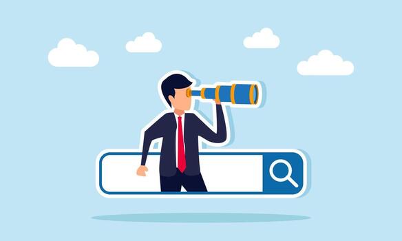 Businessman emerging from search engine using telescope illustration of exploring business opportunities vector