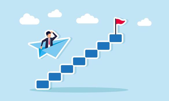 Businessman riding paper airplane to bypass stairs illustration of smart and efficient strategy to complete business tasks and projects vector