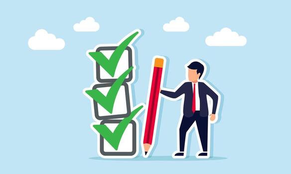 empresario participación un lápiz cerca un apilar de Lista de Verificación cajas ilustración de Progreso en completando negocio Tareas o proyectos vector