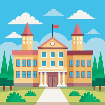 Flat design illustration of a colorful school building with trees and clouds vector
