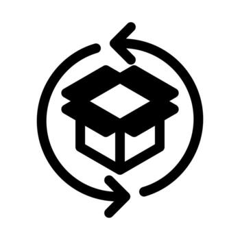 A solid icon of an open box with the recycling arrow, representing a used box. vector