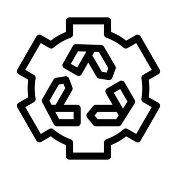 A simple line icon of a gear with the recycle symbol, representing the process. vector