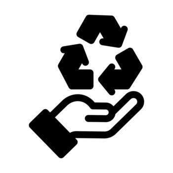 A solid icon of two hands holding a recycle symbol, signifying collective action. vector