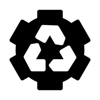 A simple filled icon of a gear with the recycle symbol, representing the process. vector