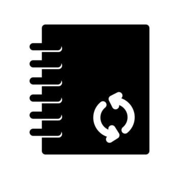 A solid icon of a book with a recycle symbol, for paper or library reuse. vector