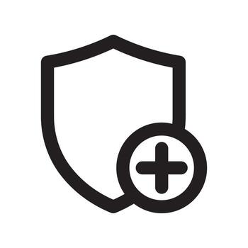 A line style icon of a shield with a plus symbol symbolizing adding security or new protection layer. vector