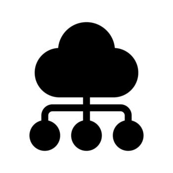 A filled graphic of a cloud connected to a network hub, representing cloud network. vector