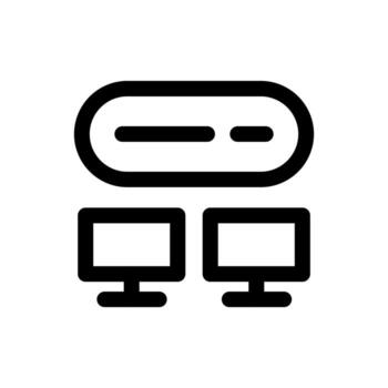A simple line icon of a computer monitor connected to a server, symbolizing PC server connection. vector