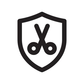 A line style icon of a shield with scissors symbolizing content restriction or editing security. vector