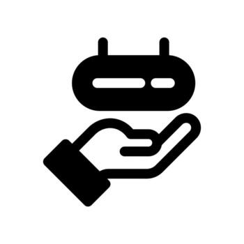A simple filled icon of a server being held by a hand, symbolizing server service or maintenance. vector