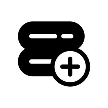 A filled graphic of a server with a plus sign, signifying server add or scaling up. vector