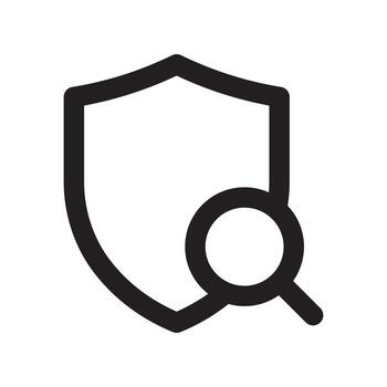 A line style icon of a shield with a magnifying glass symbolizing security audit or vulnerability search. vector