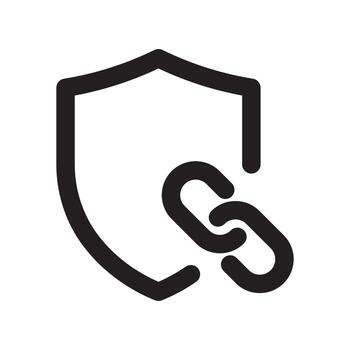 A line style icon of a shield with a link symbol symbolizing secure connection or authentication. vector