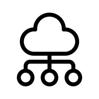A linear graphic of a cloud connected to a network hub, representing cloud network. vector