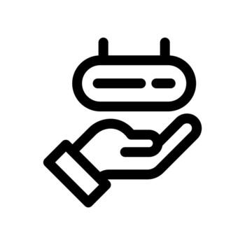 A simple line icon of a server being held by a hand, symbolizing server service or maintenance. vector