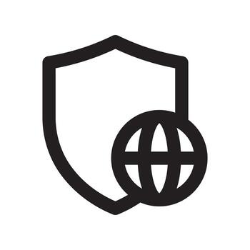 A line style icon of a shield with a globe symbolizing global network security or world protection. vector