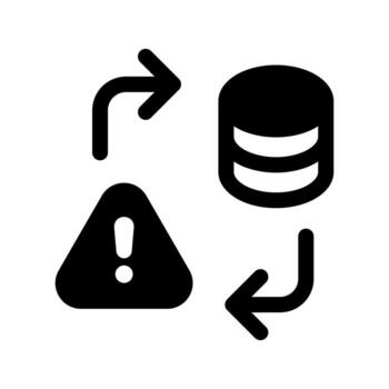 A filled graphic of a server with a warning sign, indicating a server warning or maintenance. vector