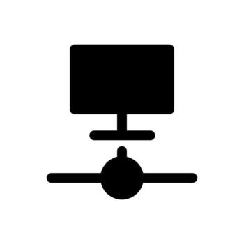 A simple filled icon of a monitor linked to a hub, representing a connected monitor. vector