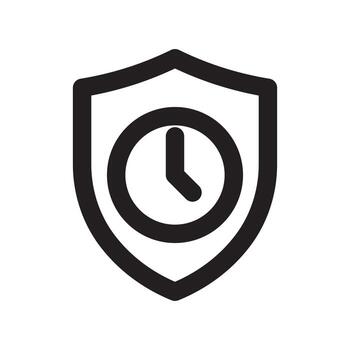 A line style icon of a shield with a clock symbolizing real time security or limited access period. vector