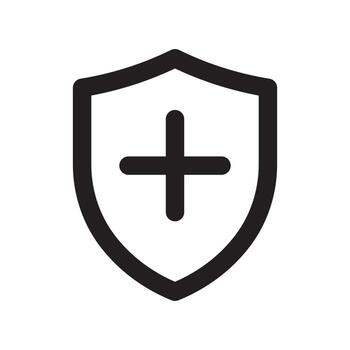 A line style icon of a shield with a plus sign symbolizing adding security or new protection layer. vector