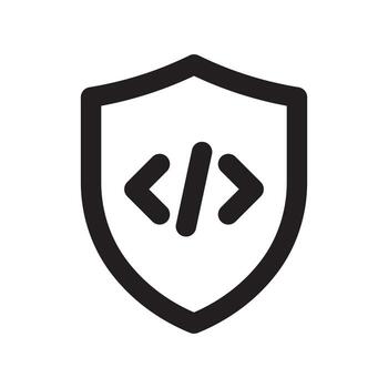 A line style icon of a shield with code symbols symbolizing source code security or software protection. vector