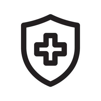 A line style icon of a shield with a plus symbol symbolizing adding security or medical safety. vector