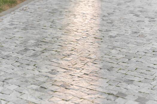 un de cerca ver de un guijarro pavimento con luz de sol reflejando apagado el piedras el superficie muestra un modelo de rectangular piedras con pequeño parches de césped creciente Entre algunos de el brechas. foto