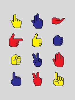 A collection of twelve pixelated hand gestures in primary colors red, yellow, blue, against a grey background vector