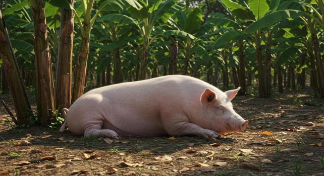 Serene slumber A tranquil pig resting amidst a lush banana grove setting photo