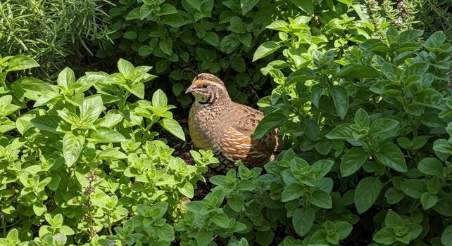 Camouflaged quail nestled within a lush and vibrant herb garden setting photo