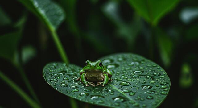 Green tree frog sitting on a leaf covered in water droplets after the rain photo