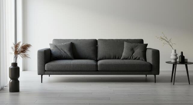 Minimalist interior design featuring a gray sofa and decorative elements in a serene space photo