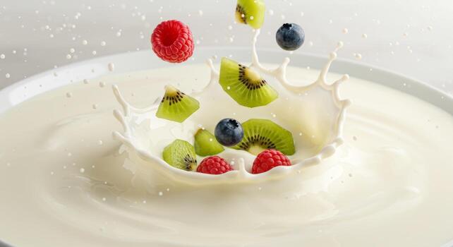 Refreshing fruit fusion splashing into creamy milk forming exquisite patterns photo