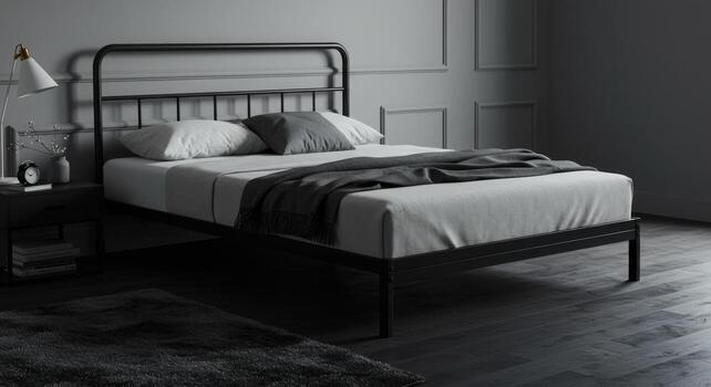 Sophisticated bedroom setting with minimalist black bed frame and calming ambiance photo