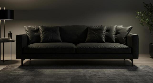 Elegant dark leather sofa arrangement against muted background in a dimly lit room photo