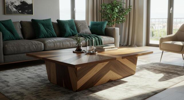 Sophisticated living space featuring a modern wooden coffee table with herringbone pattern photo